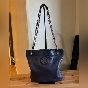 Tory Burch Navy Marion Slouchy Leather Tote